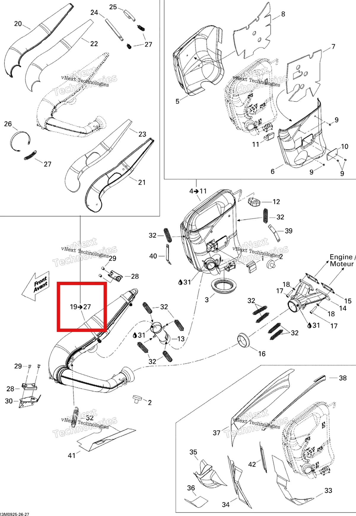 Деталь 514054063 (Деталь Tuned Pipe Ass'y. Includes 19 To 27) на схеме узла 2009 Ski-Doo Skandic Tundra LT 550F Exhaust System