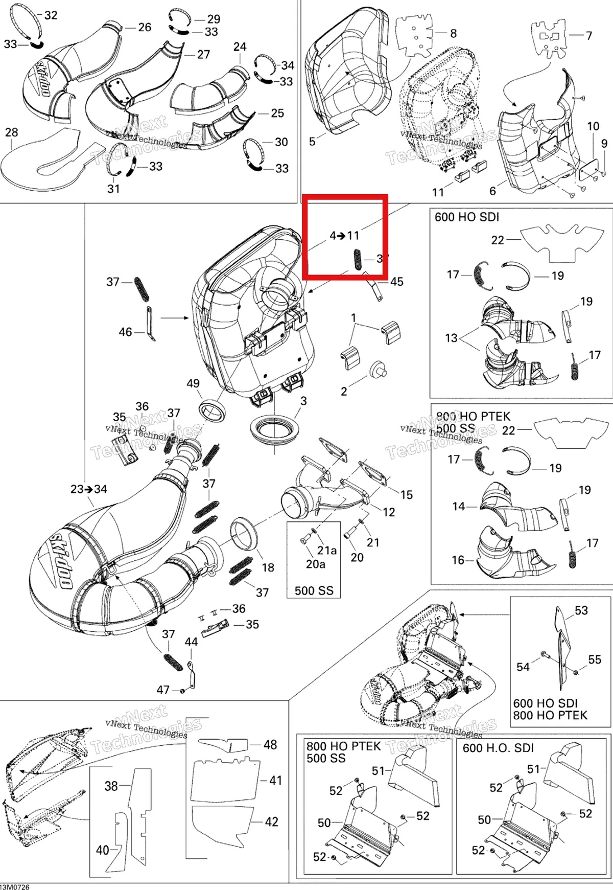 Деталь 514054121 (Деталь Muffler Ass'y. Includes 5 To 9) на схеме узла 2007 Ski-Doo GTX Sport 500 SS Exhaust System 500 Ss