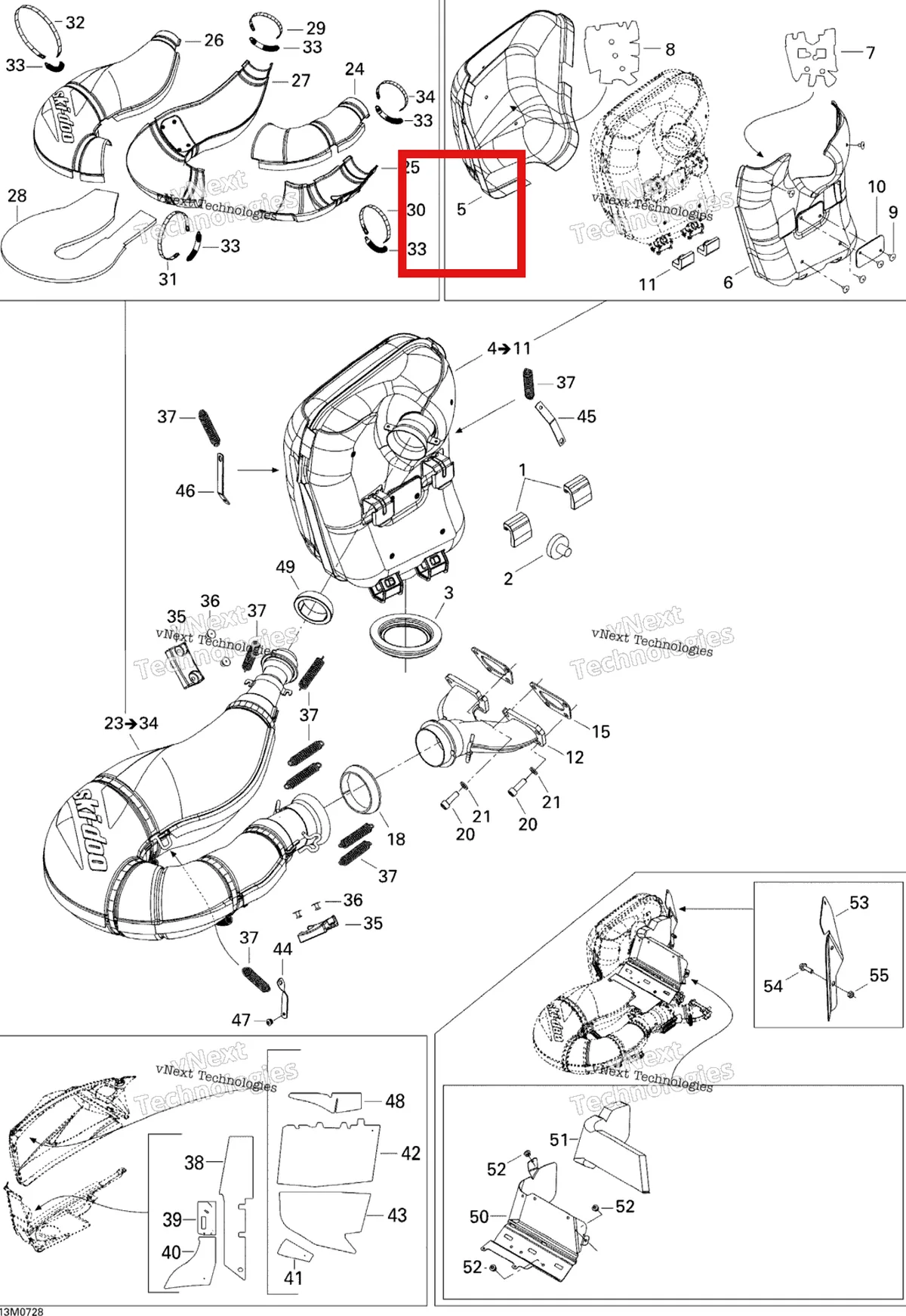Деталь 514054122 (Деталь R.h. Heat Shield) на схеме узла 2007 Ski-Doo Summit X Exhaust System