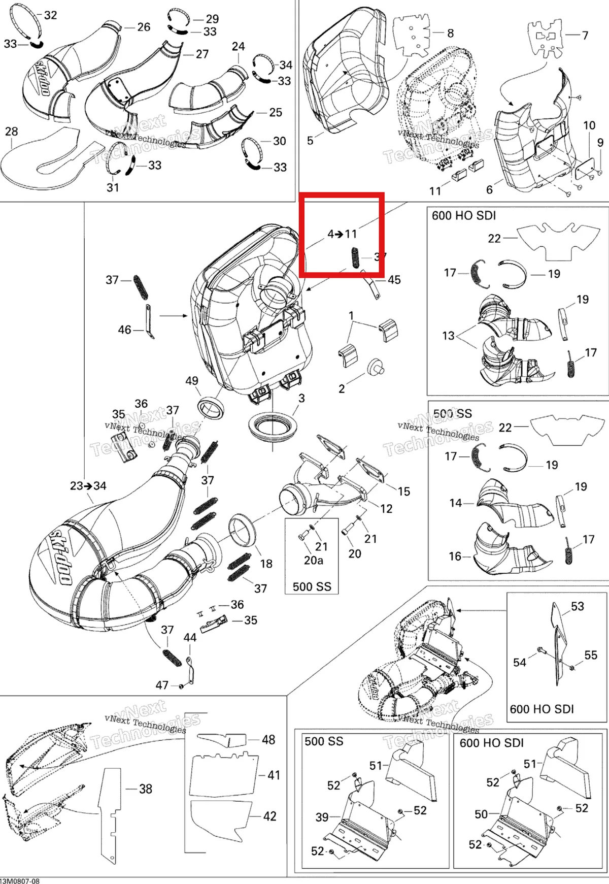 Деталь 514054125 (Деталь Muffler Ass'y. Includes 5 To 9) на схеме узла 2008 Ski-Doo GTX LTD 600 HO SDI Exhaust System