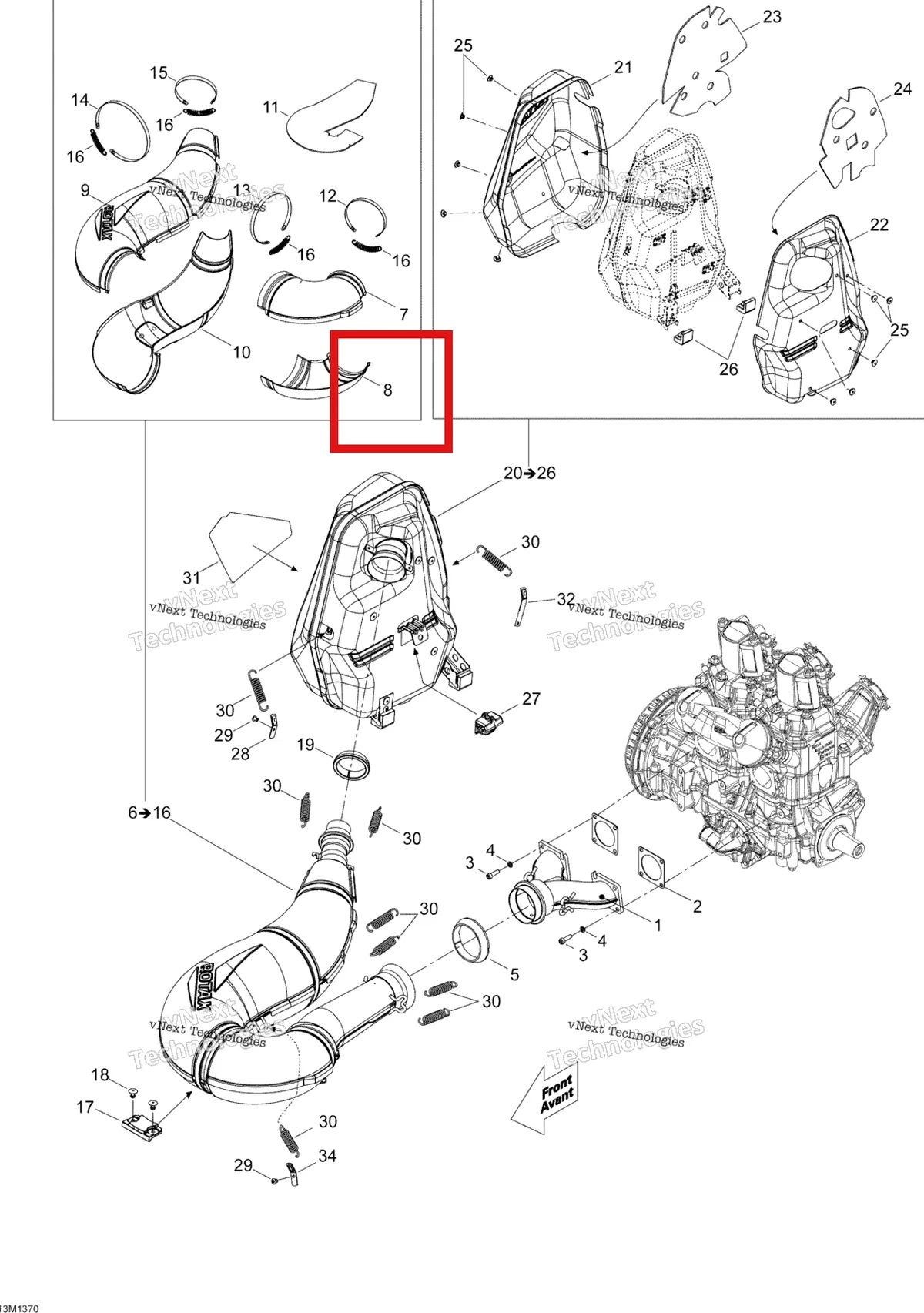 Деталь 514054486 (Передний нижний Enveloppe Ski-Doo Expedition TUV 600 H.O. SDI REV-XU (2009) (514054486)) на схеме узла 2013 Ski-Doo EXPEDITION LE 600HOE, REV XU Exhaust System