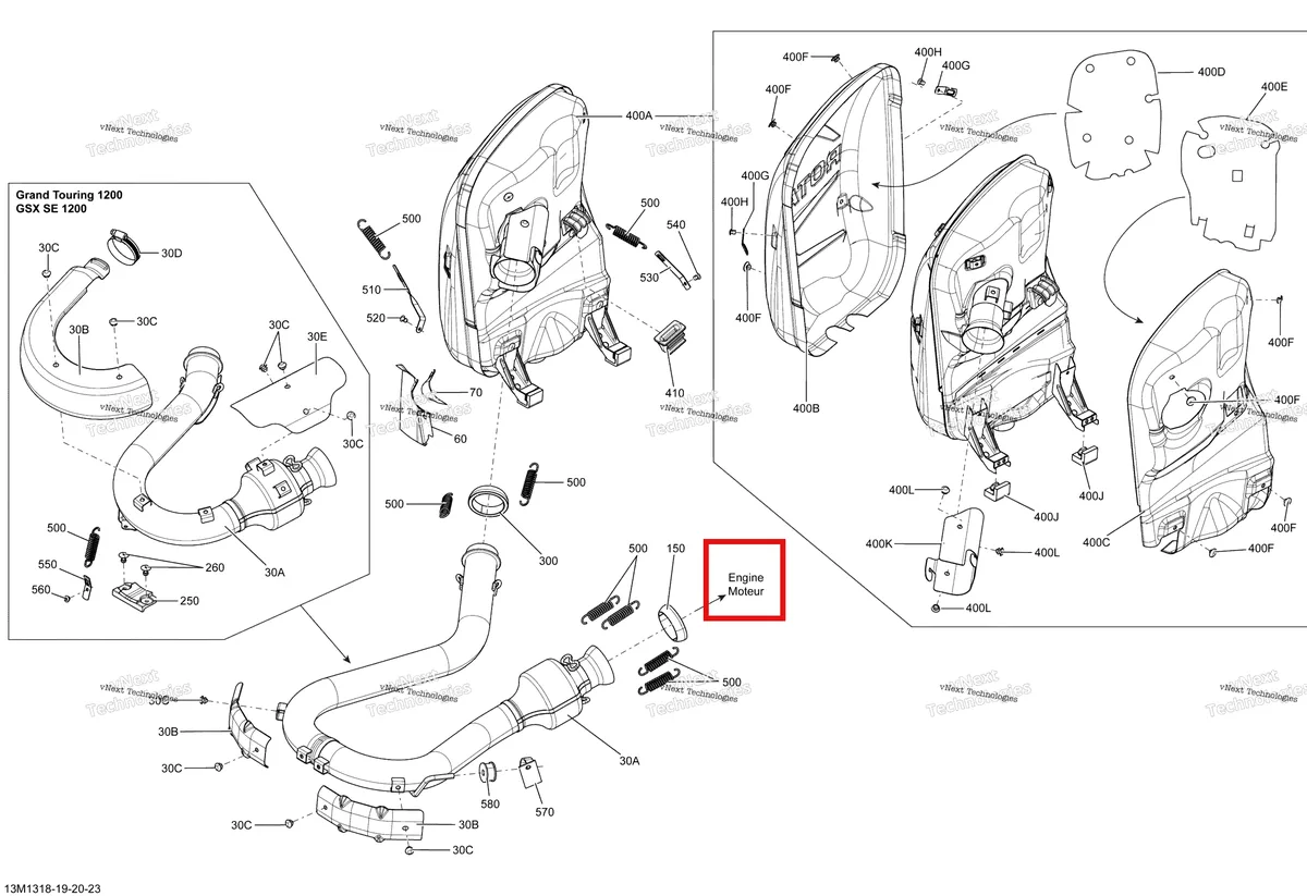 Деталь 514054620 (Кронштейн) на схеме узла 2013 Ski-Doo MXZ X & TNT 1200 XR Exhaust System