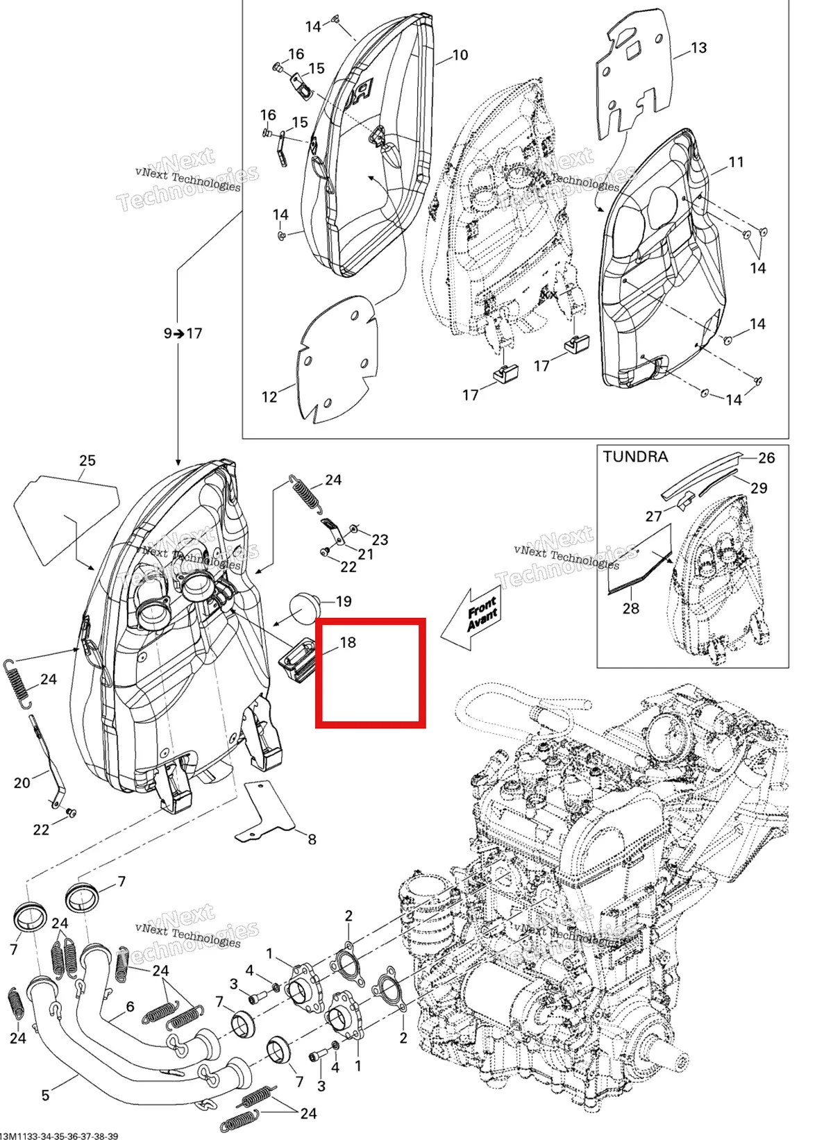 Деталь 514054768 (Деталь Muffler Ass'y. Includes 9 To 17) на схеме узла 2011 Ski-Doo Expedition Sport 600ACE Exhaust System
