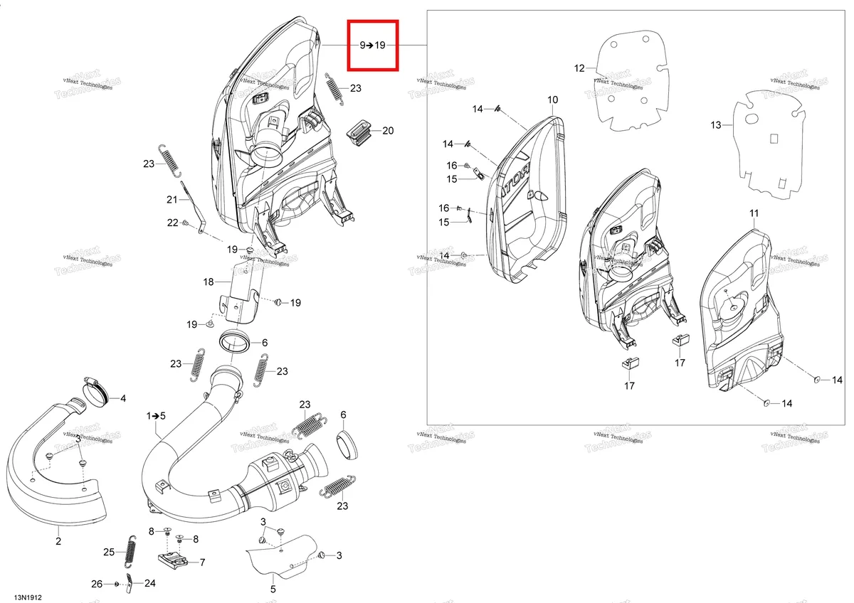 Деталь 514054931 (Деталь Muffler Ass'y. Includes 9 To 19) на схеме узла 2019 Ski-Doo EXPEDITION LE-SE 1200 4-TEC Exhaust - 1200 4-Tec