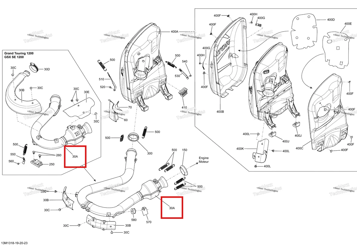 Деталь 514054950 на схеме узла 2013 Ski-Doo RENEGADE X & ADRENALINE 1200 XR Exhaust System