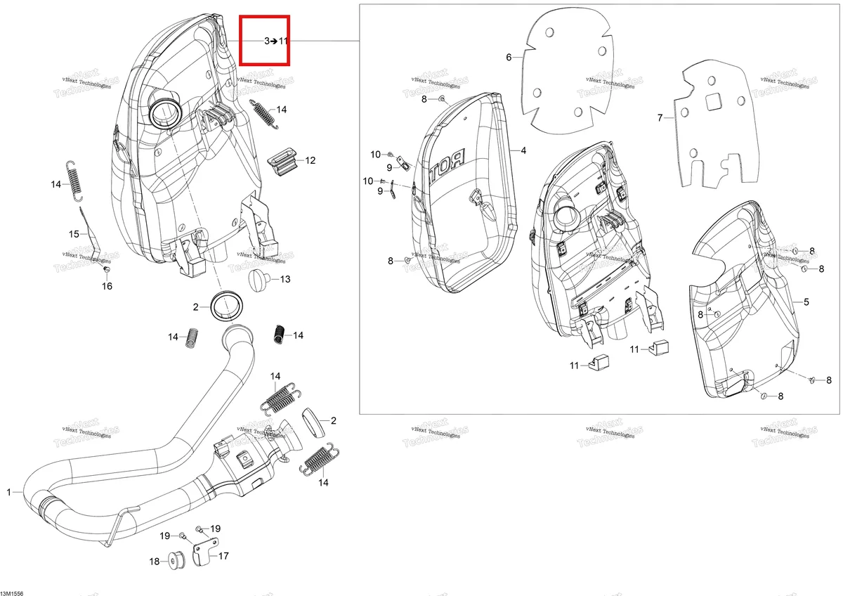 Деталь 514055129 (Деталь Muffler Ass'y. Includes 3 To 11) на схеме узла 2015 Ski-Doo EXPEDITION LE 900 ACE Exhaust System