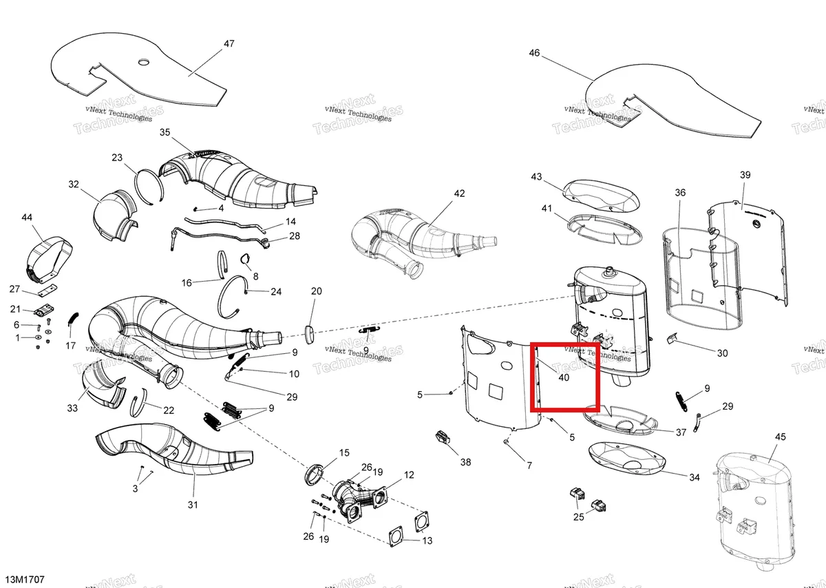 Деталь 514055157 (Деталь Shell) на схеме узла 2017 Ski-Doo MXZ 600 RS Exhaust System