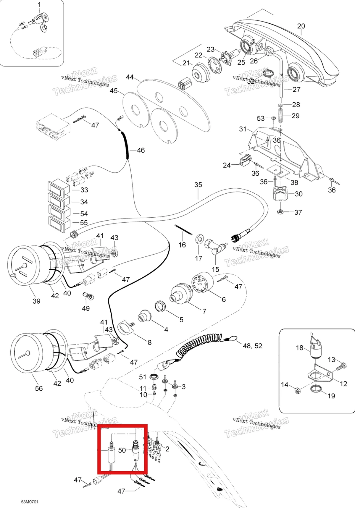Деталь 515166800 (Деталь Dess-switch. St 600) на схеме узла 2007 Ski-Doo Skandic SUV 600 Electrical Accessories 600 Suv