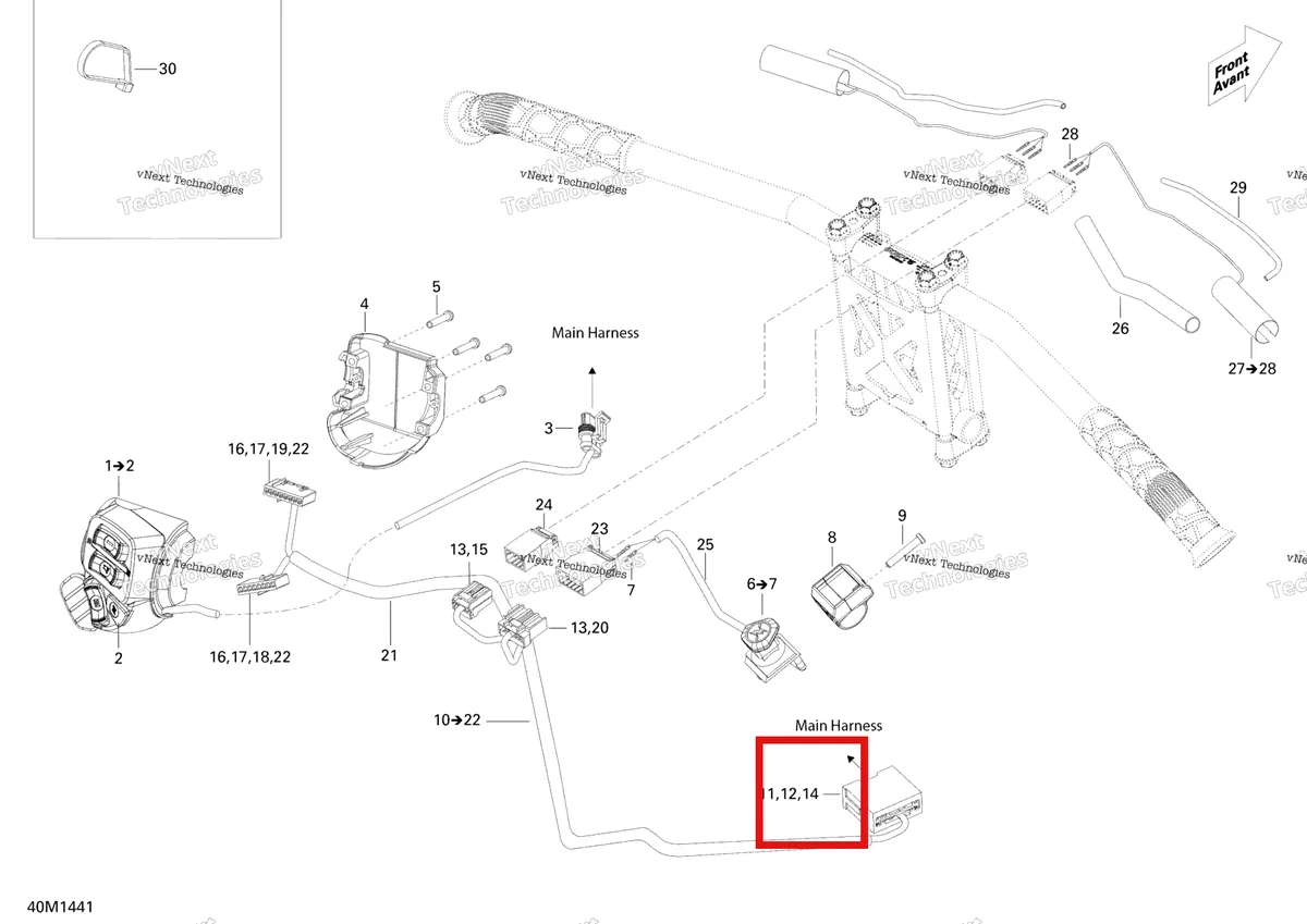 Деталь 515175351 (Кожух) на схеме узла 2014 Ski-Doo EXPEDITION LE 1200 XU Steering Wiring Harness