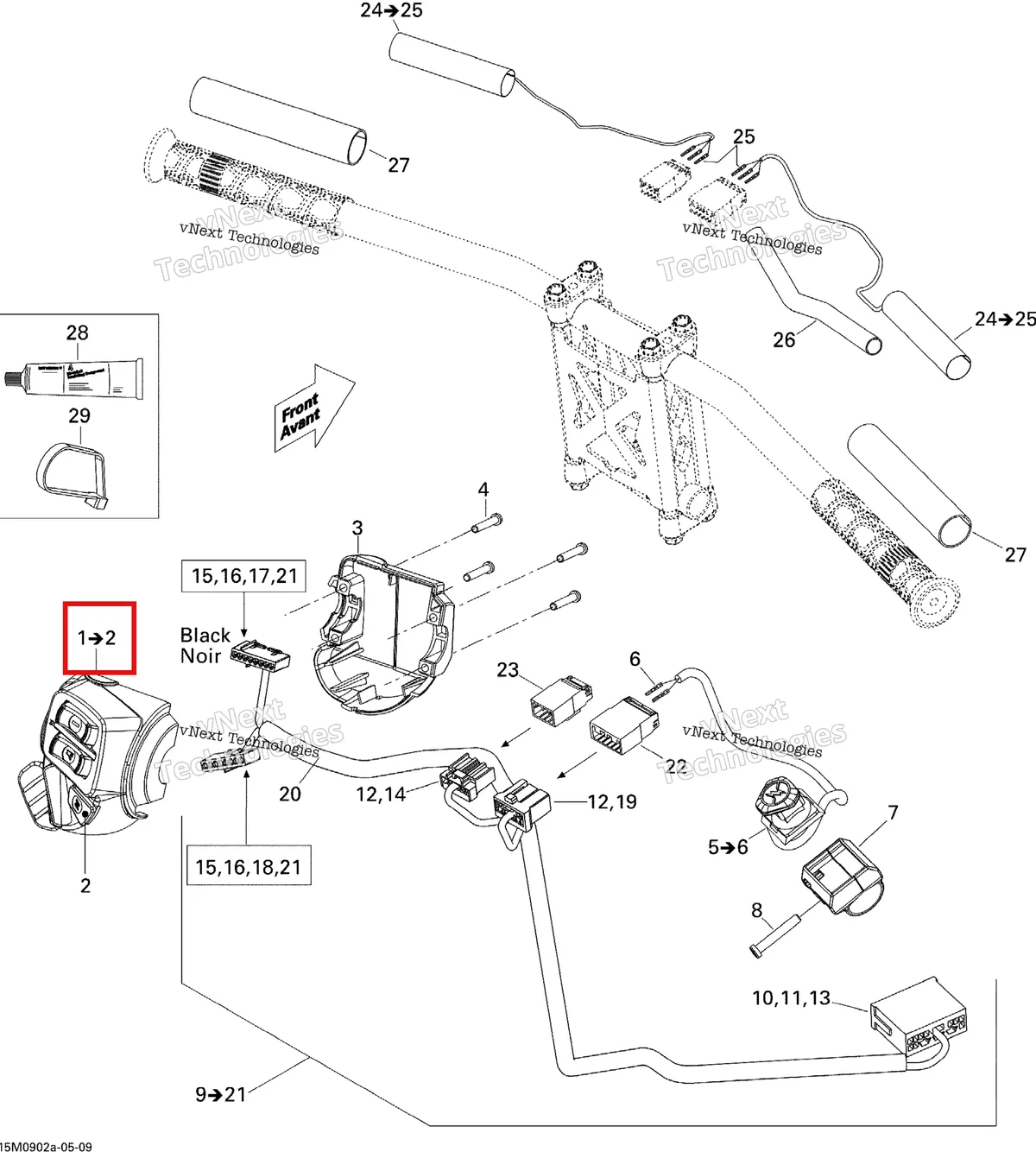Деталь 515175479 (Деталь Lh Switch Housing. Includes 1 To 2) на схеме узла 2009 Ski-Doo GSX Sport 500SS Steering Wiring Harness