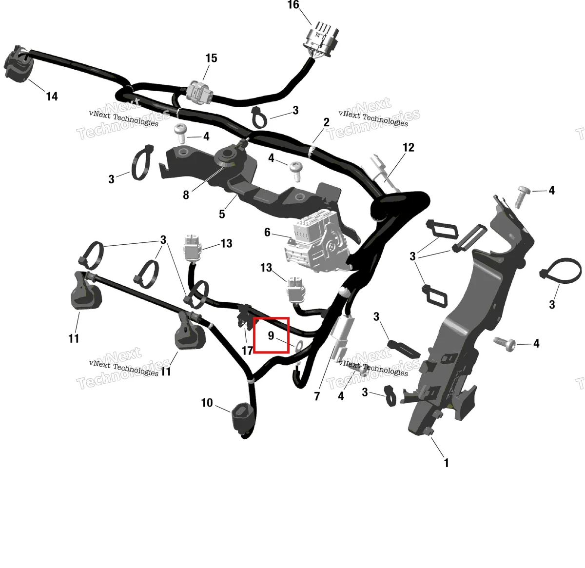 Деталь 515175504 (хомут) на схеме узла 2024 Ski-Doo BMRA - RACING 600 RS Rotax - Engine Harness And Electronic Module