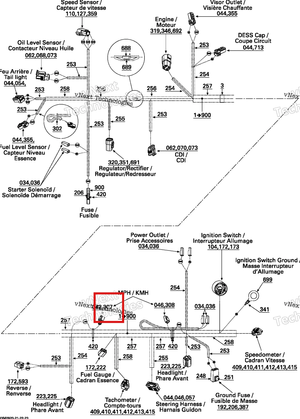 Деталь 515175509 (Деталь Male Terminal Housing, 1 Circuit) на схеме узла 2009 Ski-Doo GSX Fan Electrical Harness