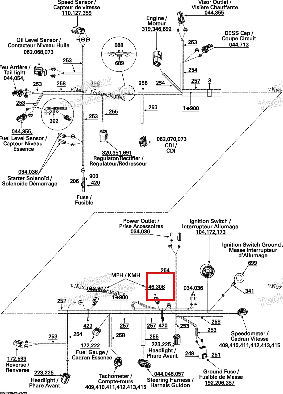 Деталь 515175510 (Деталь Female Terminal Housing, 1 Circuit) на схеме узла 2009 Ski-Doo GSX Fan Electrical Harness