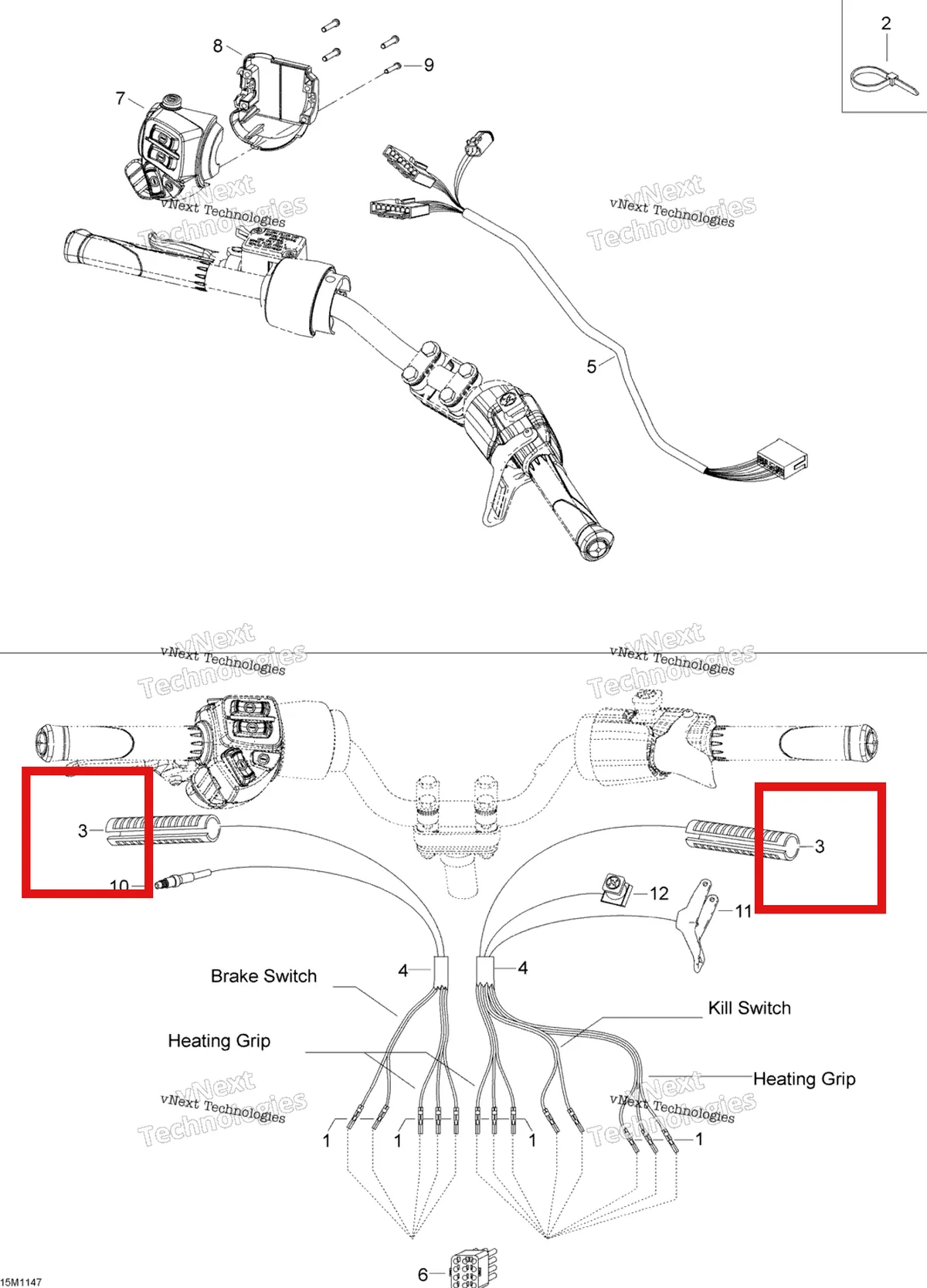 Деталь 515175664 (Ручка) на схеме узла 2012 Ski-Doo Skandic SWT V800 YetiII Steering Wiring Harness
