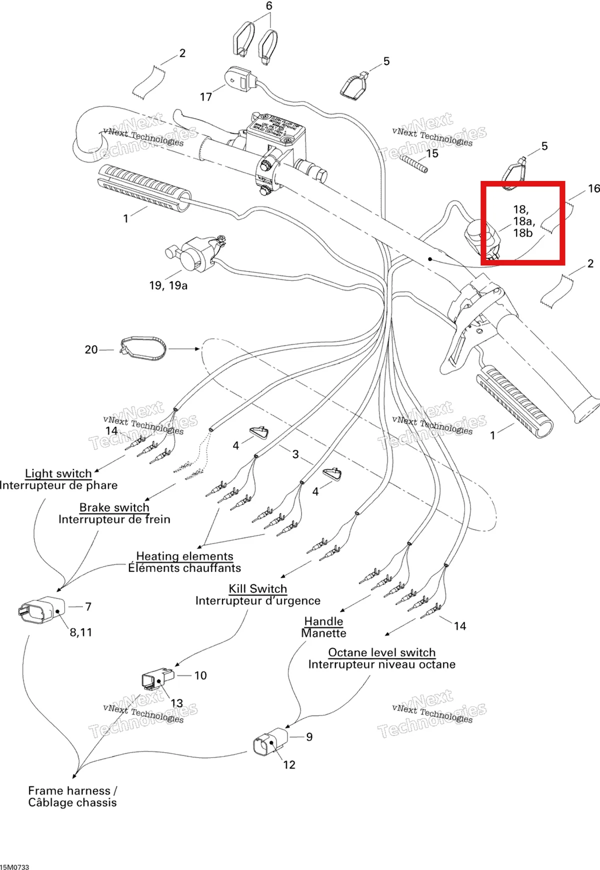 Деталь 515175685 (Деталь Switch Kill) на схеме узла 2007 Ski-Doo MX Z 440X Racing Steering Wiring Harness