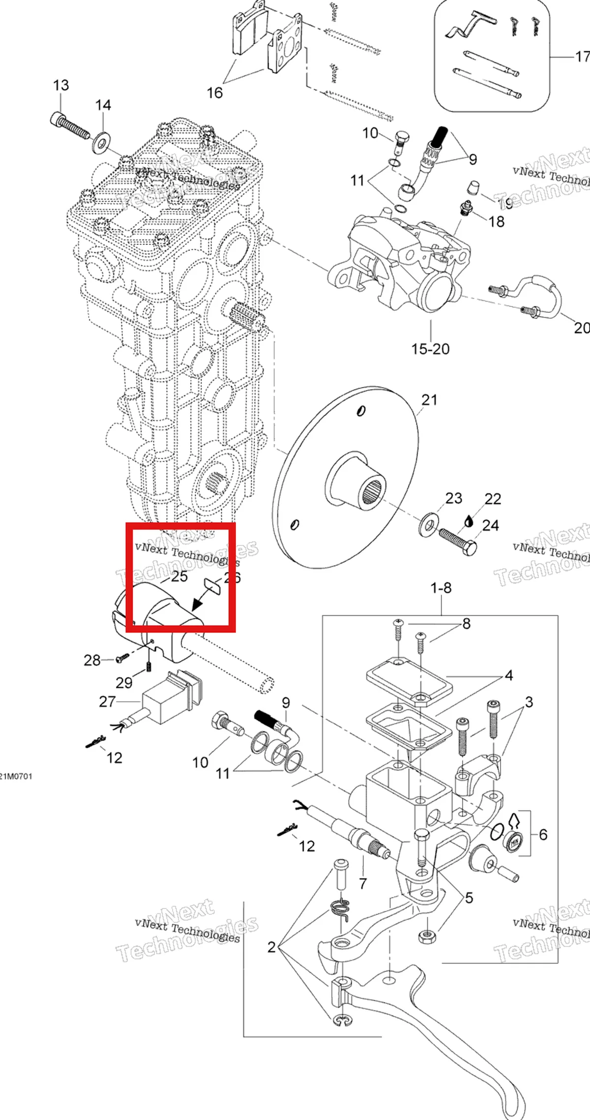 Деталь 515175696 (Кожух) на схеме узла 2007 Ski-Doo Skandic SUV 550F Brakes