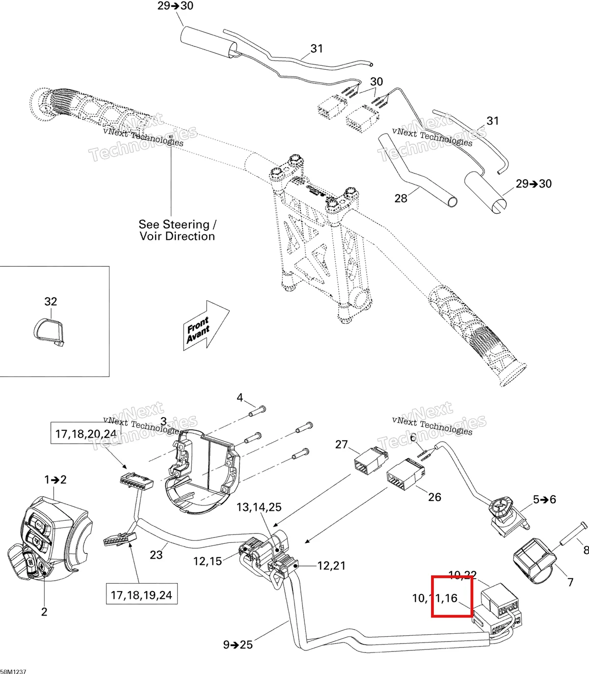 Деталь 515175720 (Деталь Male Terminal Housing, 11 Circuits) на схеме узла 2012 Ski-Doo Expedition LE 600HOETEC XU Electrical Accessories, Steering