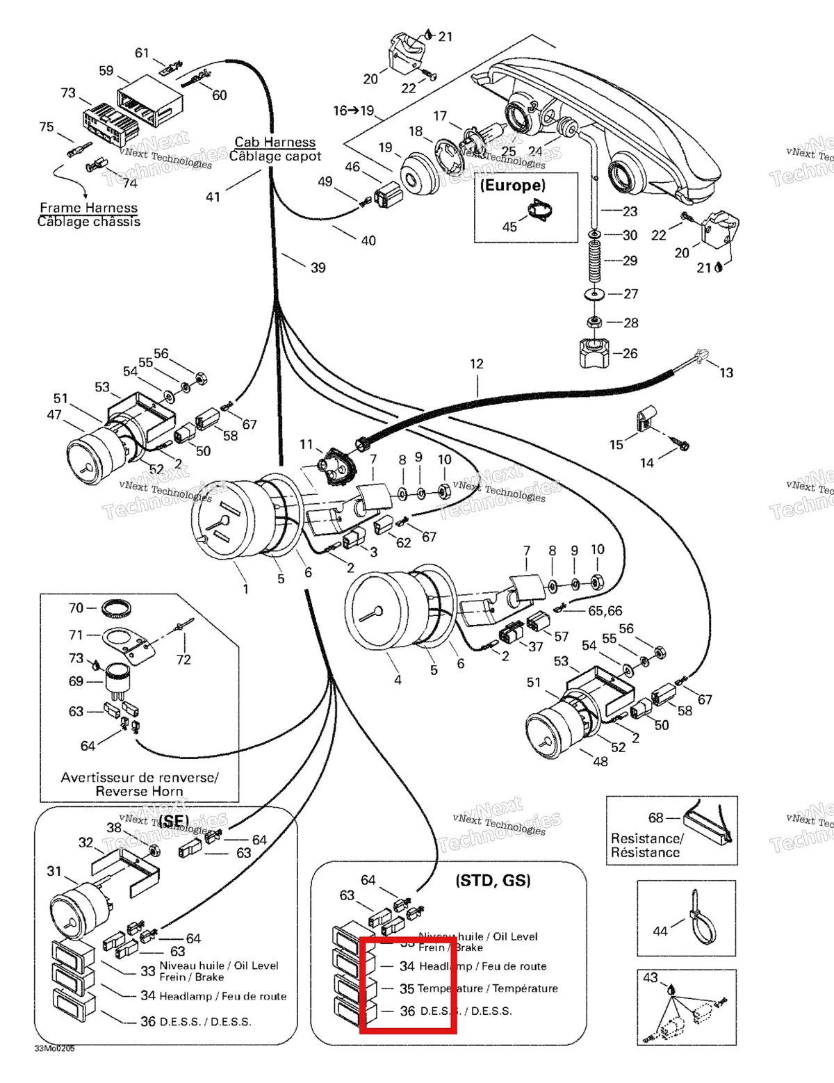 Деталь 515175727 (Деталь Pilot Lamp, Red) на схеме узла 2002 Ski-Doo Grand Touring 500/600/700/800 Cab Harness