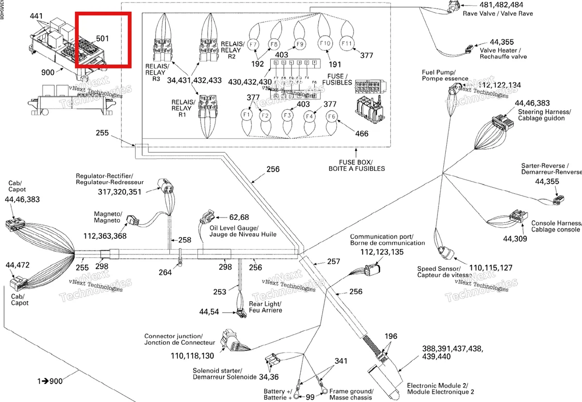 Деталь 515175739 (Деталь Fuse Box) на схеме узла 2004 Ski-Doo Legend 600 HO SDI Frame Harness