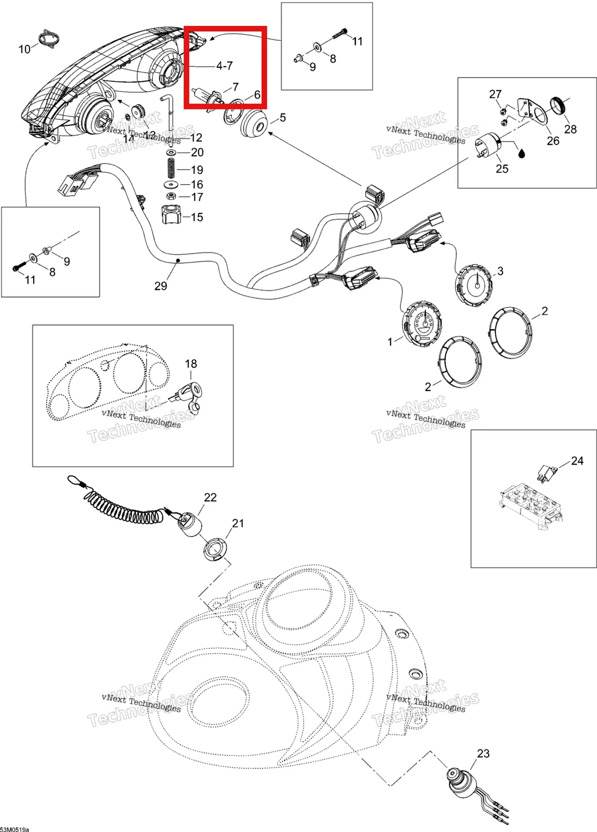 Деталь 515175909 (Деталь Twin Headlamp Assy. Includes Items 4 Thru 7) на схеме узла 2005 Ski-Doo Expedition V-1000 Electrical Accessories 1