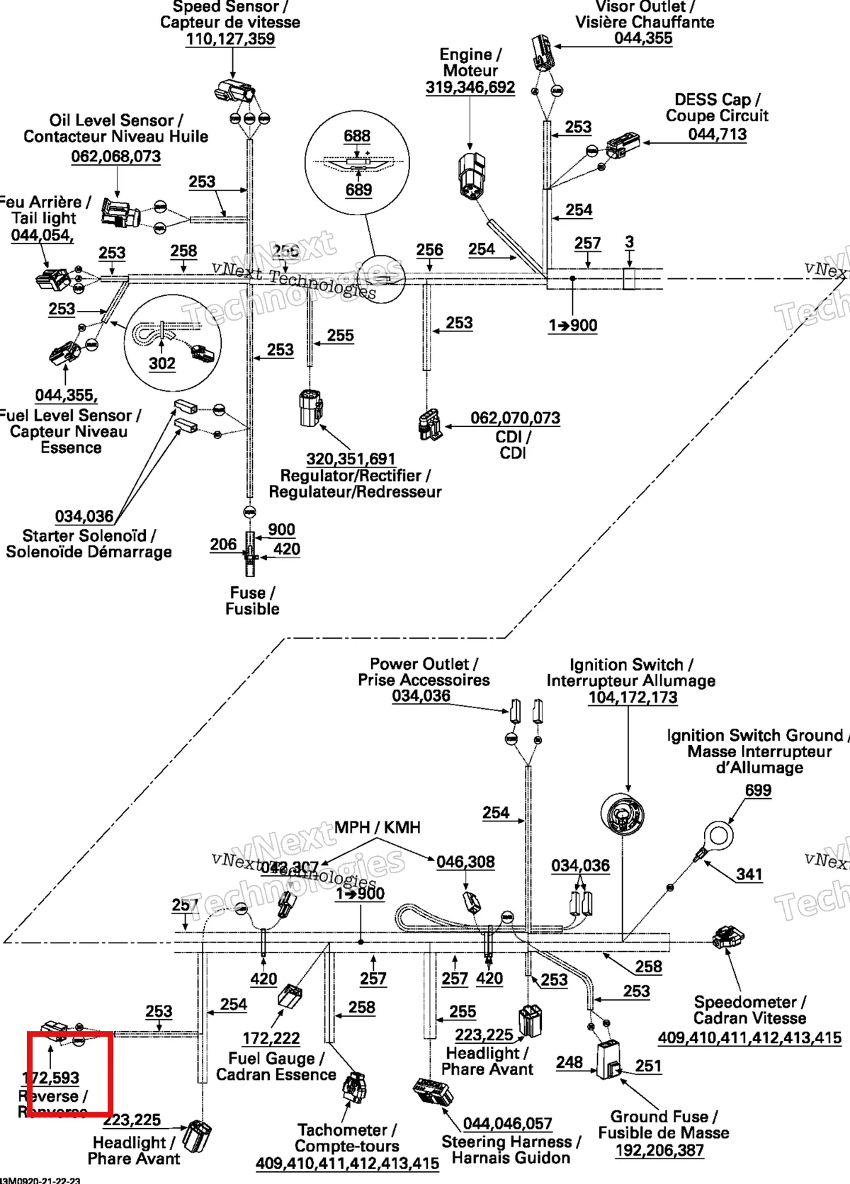 Деталь 515176069 (Деталь Male Terminal Housing, 3 Circuits) на схеме узла 2009 Ski-Doo GSX Fan Electrical Harness