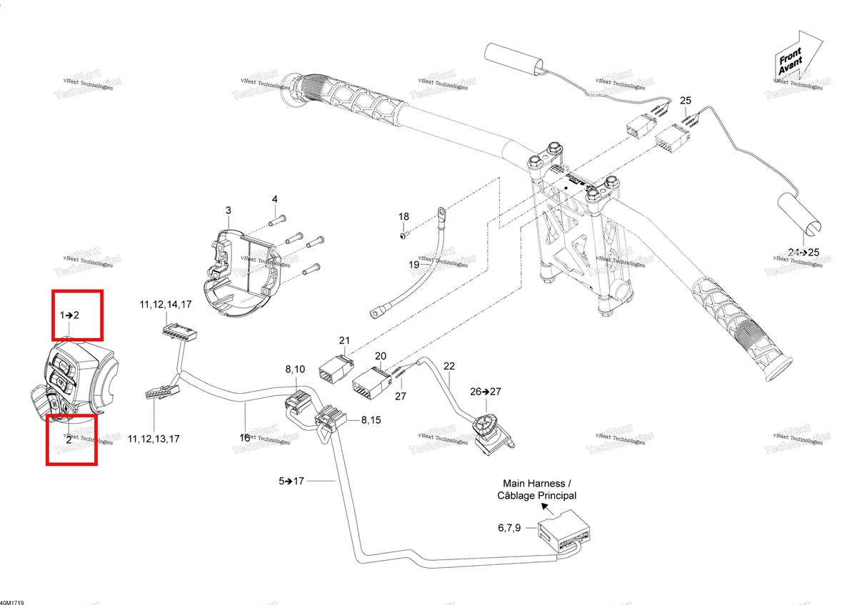 Деталь 515176088 (Деталь Start/rer Button) на схеме узла 2018 Ski-Doo TUNDRA WT 550F Steering Wiring Harness 2018