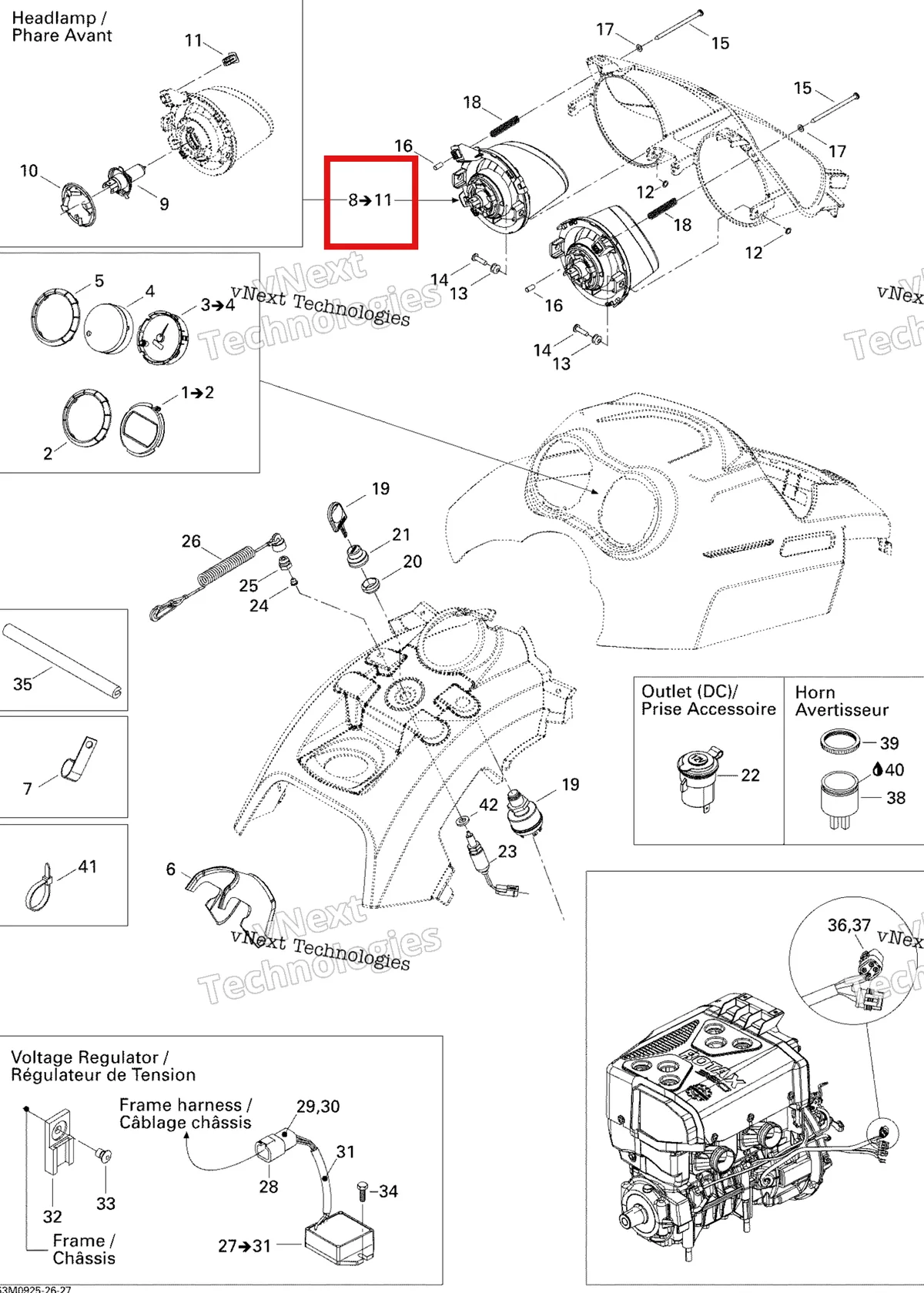 Деталь 515176168 (Деталь Rh Headlamp Ass'y. Includes 8 To 11) на схеме узла 2009 Ski-Doo Skandic Tundra LT 550F Electrical Accessories
