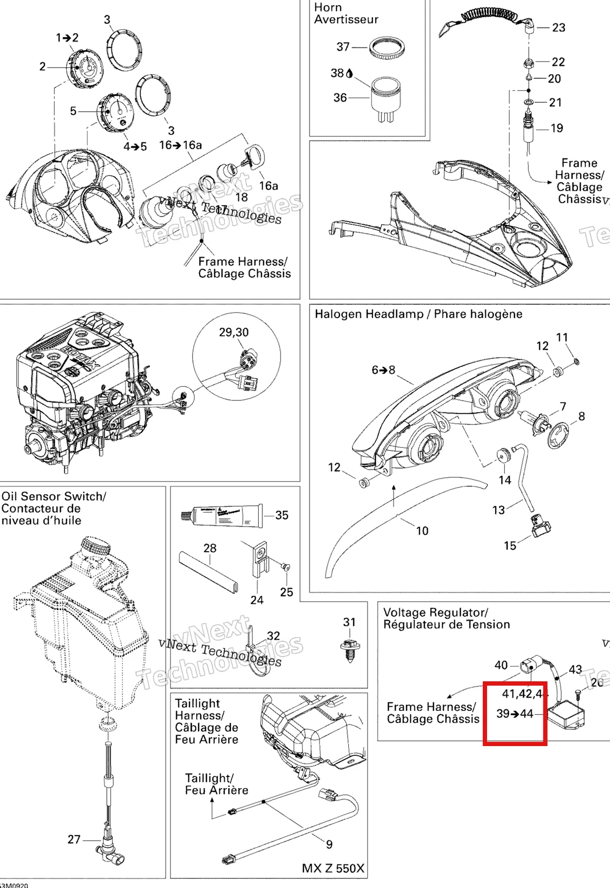 Деталь 515176188 (Деталь Voltage Regulator. Includes 40 To 44) на схеме узла 2009 Ski-Doo MX Z 550X Electrical Accessories
