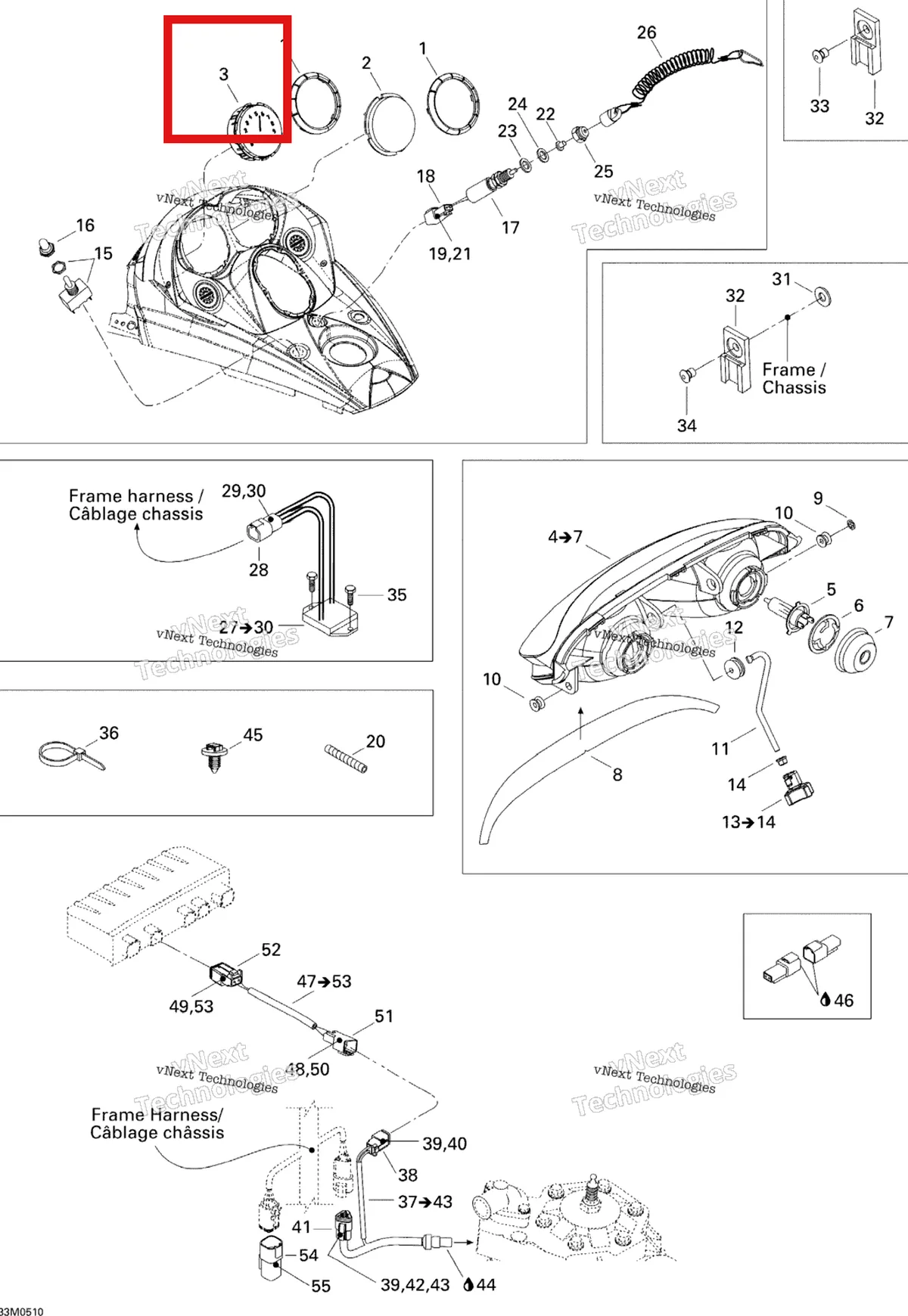 Деталь 515176265 (Деталь Tachometer) на схеме узла 2005 Ski-Doo MX Z X 440 Racing Electrical System