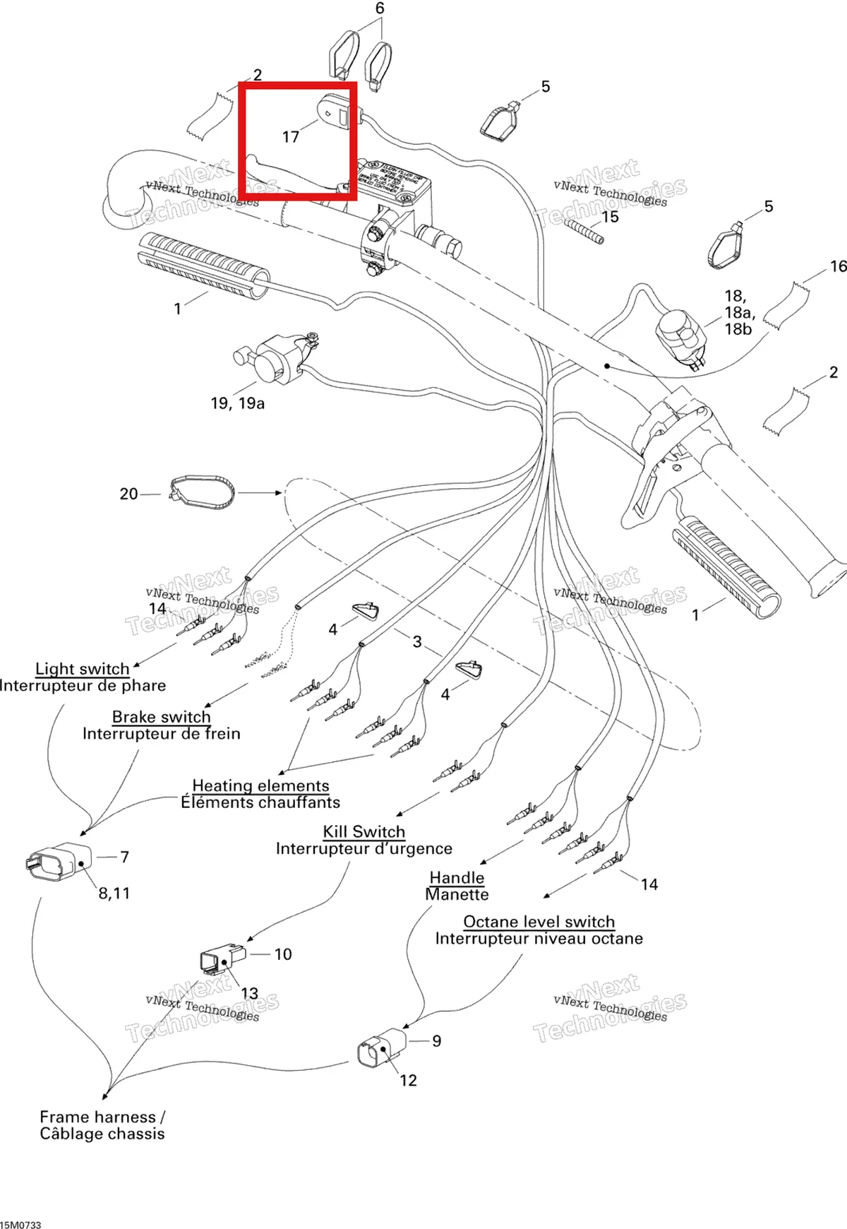 Деталь 515176269 (Деталь Srat Knobb) на схеме узла 2007 Ski-Doo MX Z 440X Racing Steering Wiring Harness
