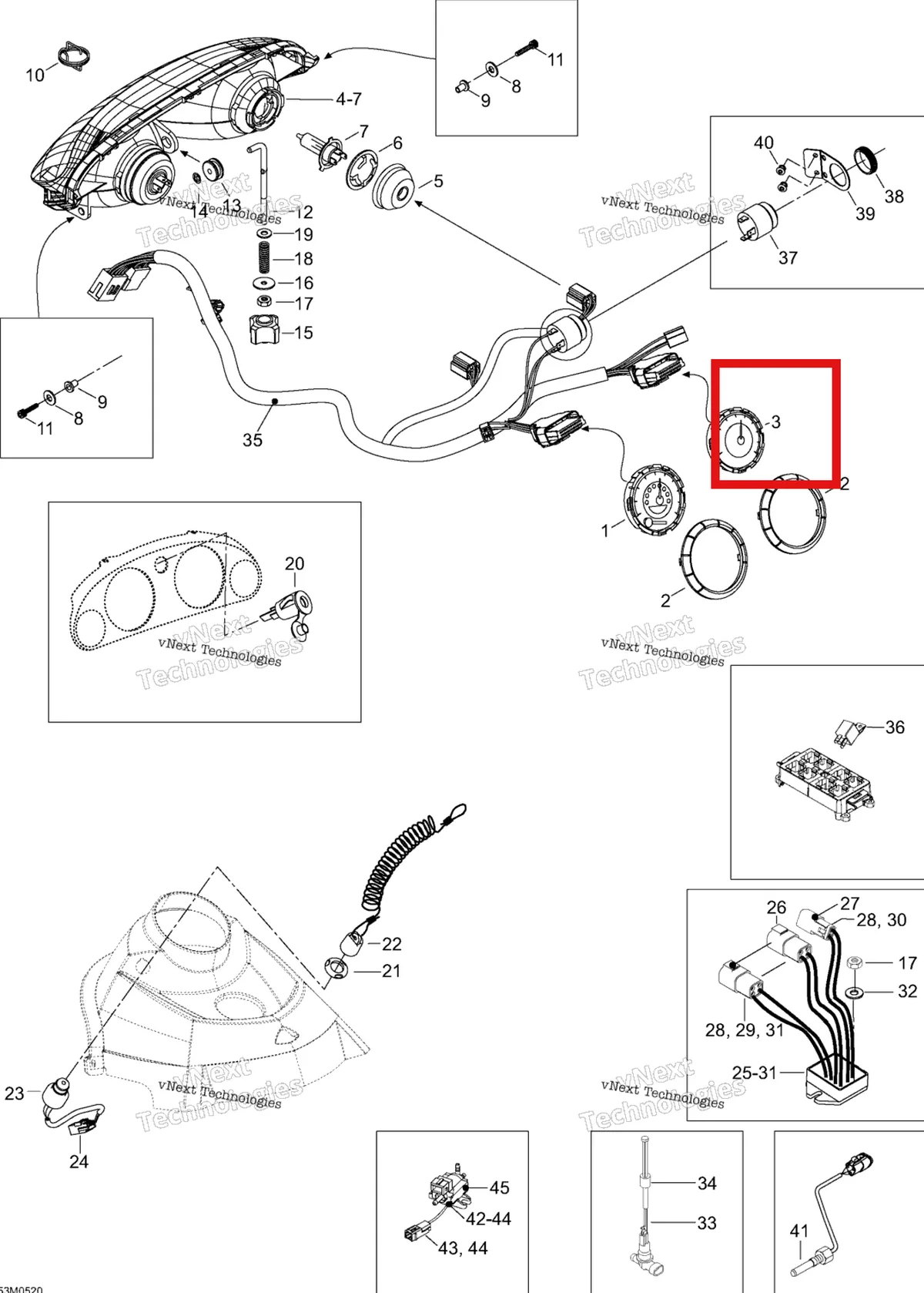 Деталь 515176275 (Деталь Tachometer) на схеме узла 2005 Ski-Doo Expedition 600 H.O. SDI Electrical Accessories