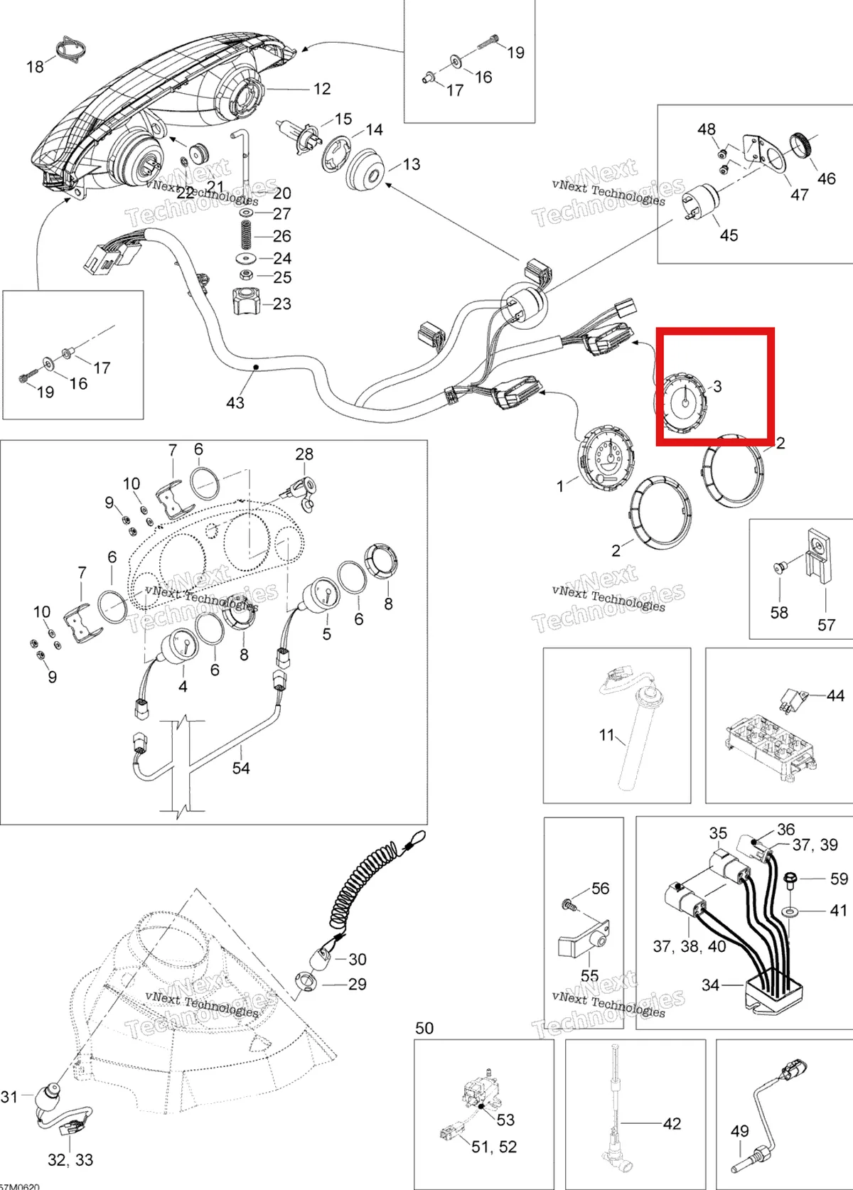 Деталь 515176303 (Деталь Tachometer) на схеме узла 2006 Ski-Doo Expedition 600 H.O. SDI Electrical Accessories, Console