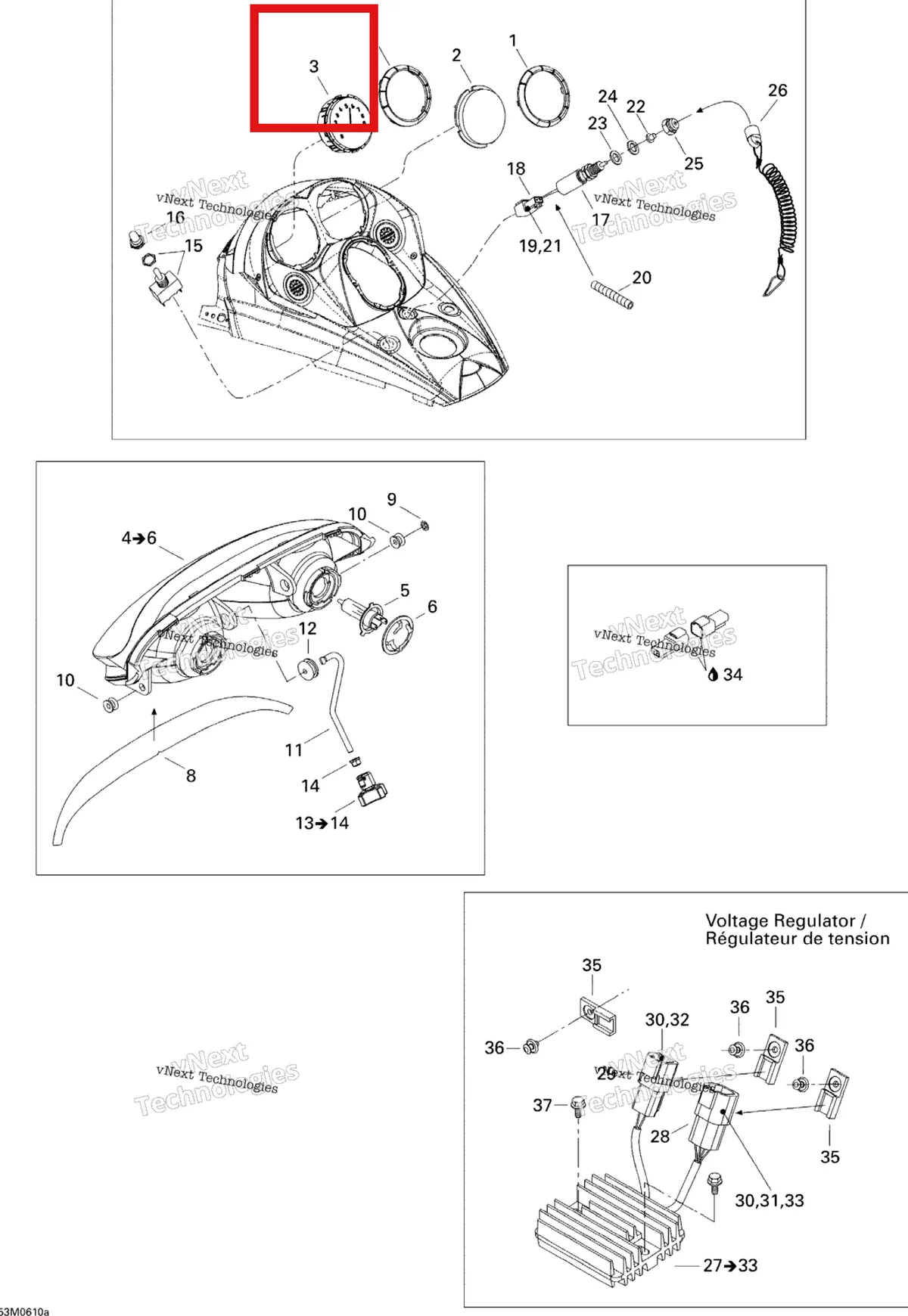Деталь 515176305 (Деталь Tachometer) на схеме узла 2006 Ski-Doo MX Z 440 Racing Electrical Accessories 1