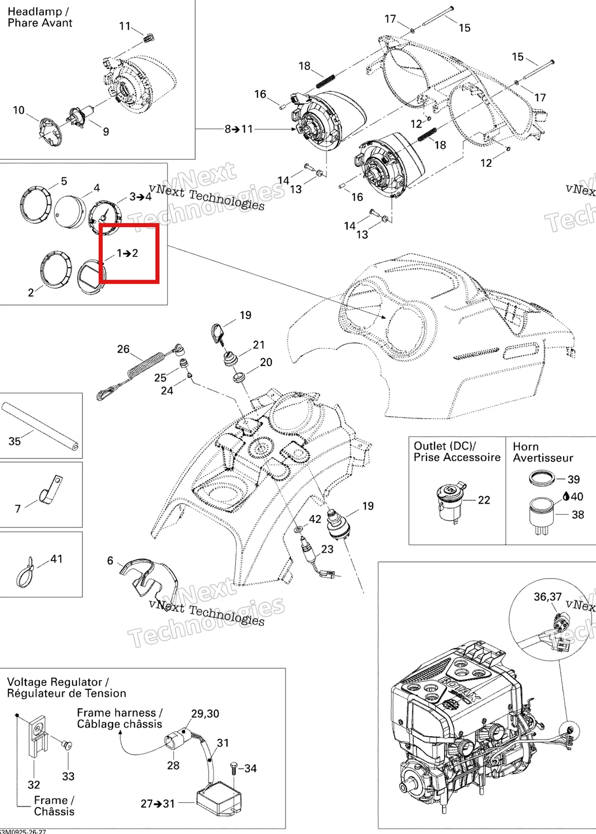 Деталь 515176373 (Деталь Gauge Bottom Ring Ass'y. Includes 53 To 54) на схеме узла 2009 Ski-Doo Skandic Tundra LT 550F Electrical Accessories