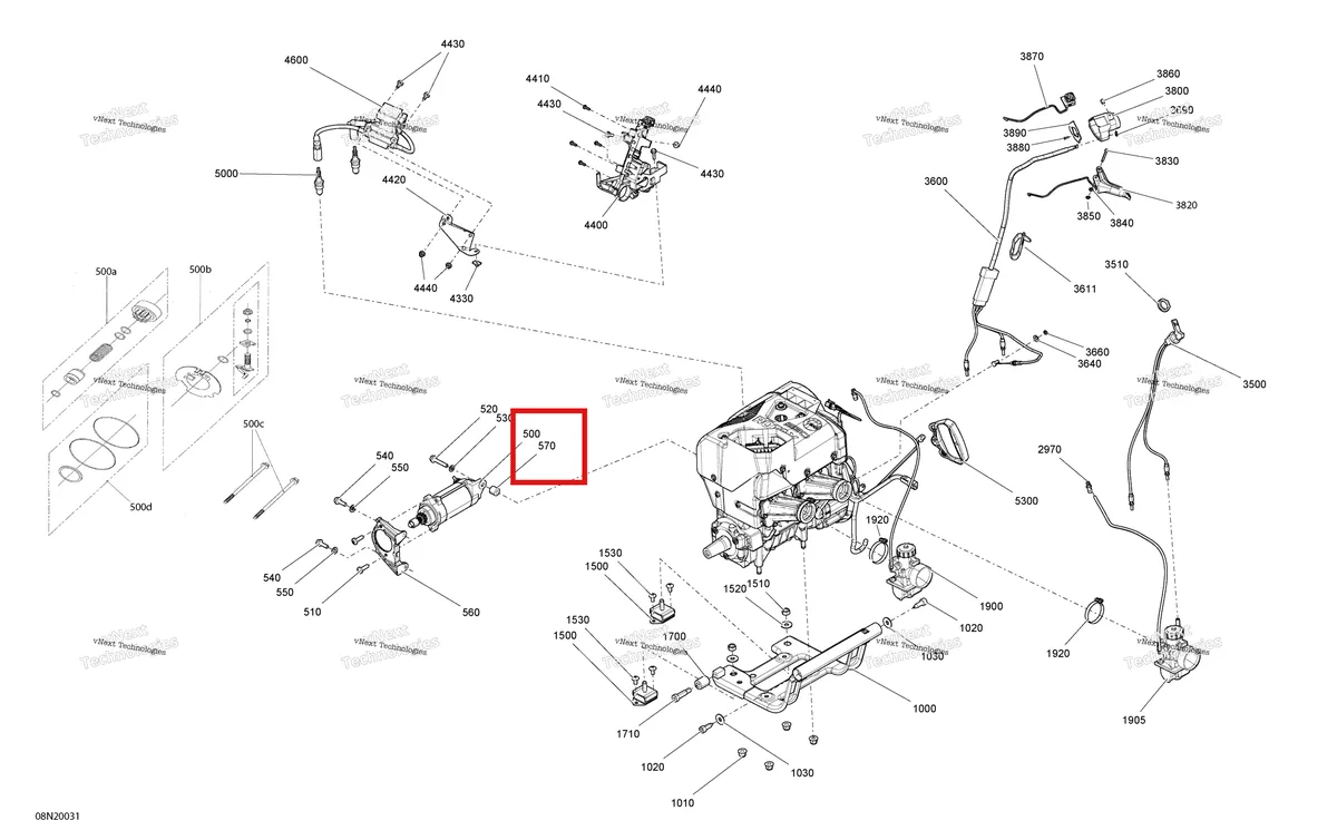 Деталь 515176597 (Проставка) на схеме узла 2020 Ski-Doo SKANDIC WT 550F Engine - System