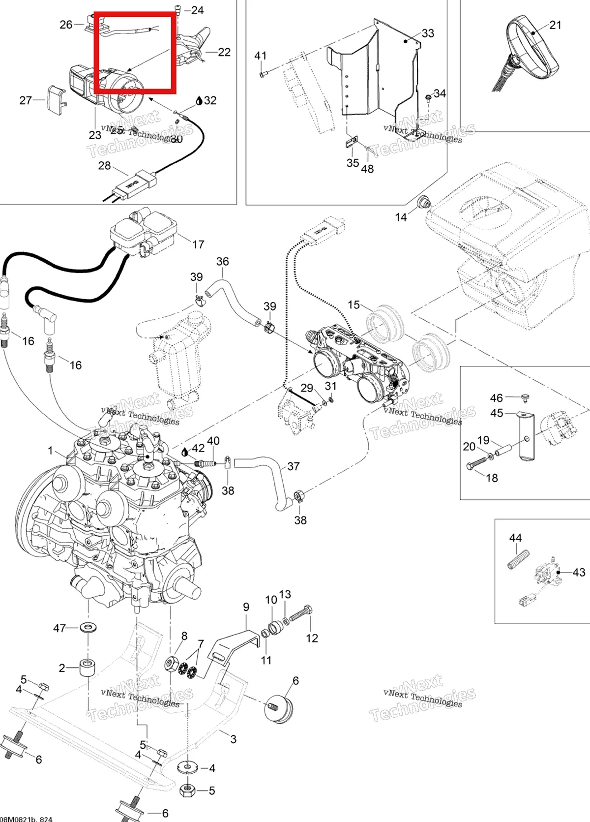 Деталь 515176690 (Деталь Kill Switch) на схеме узла 2008 Ski-Doo Expedition TUV 600 H.O. SDI Engine And Engine Support