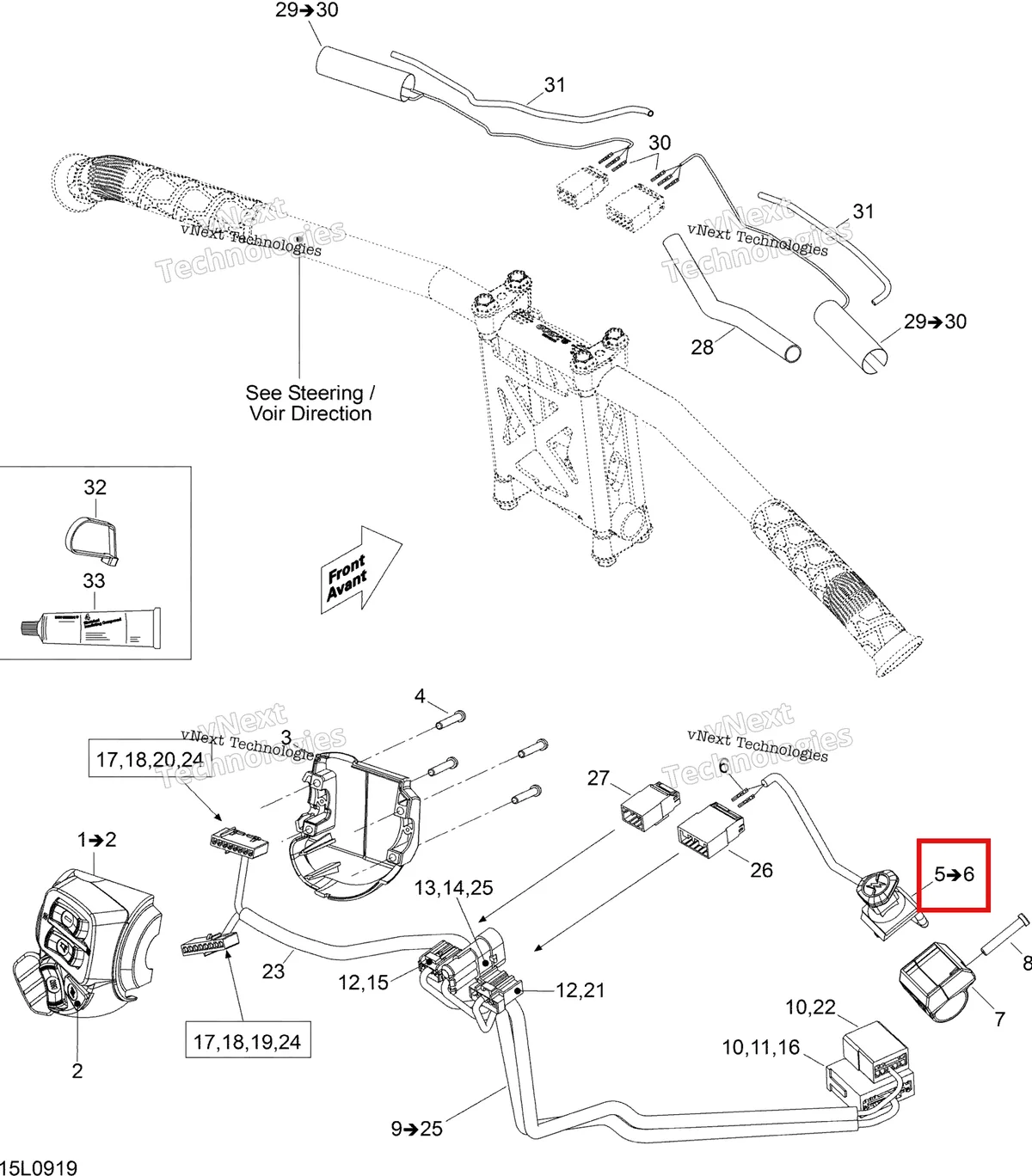 Деталь 515176708 (Kill выключатель в сборе Ski-Doo Expedition TUV 600 H.O. SDI REV-XU (2009) (515176708)) на схеме узла 2009 Ski-Doo Expedition TUV 600 H.O. SDI REV-XU Steering Wiring Harness
