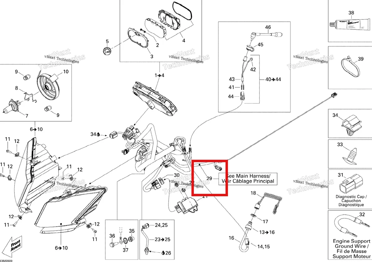 Деталь 515176714 (Деталь Steering Wiring Harness. Includes 9 To 25) на схеме узла 2009 Ski-Doo GSX Sport 500SS Electrical System
