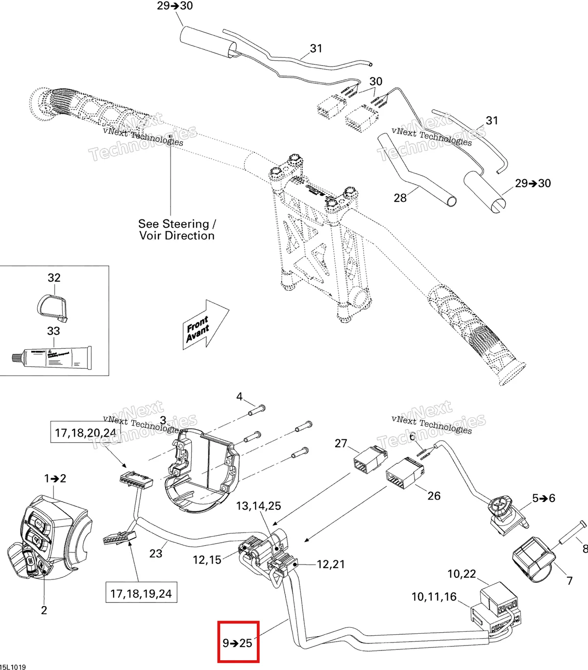 Деталь 515176741 (Деталь Wiring Harness. Includes 9 To 25) на схеме узла 2010 Ski-Doo Expedition TUV SE 600HO SDI XU Steering Wiring Harness