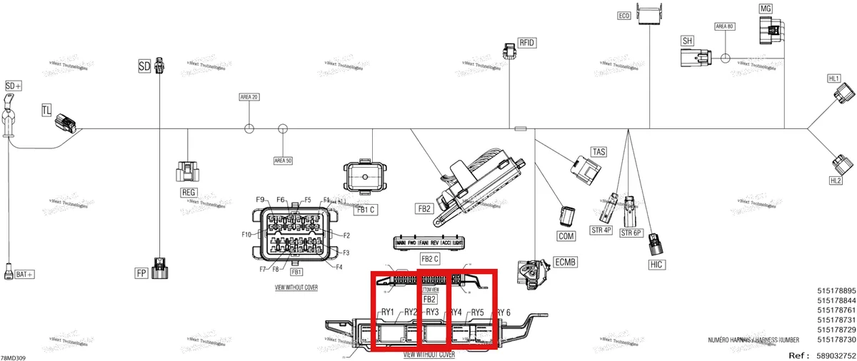 Деталь 515176774 (Деталь Relay, 30 Amp) на схеме узла 2024 Ski-Doo SKANDIC 900 ACE - LE - AHRA - Deep Black - 154X20X1.5CST Track Electric - Main Harness - 515178729