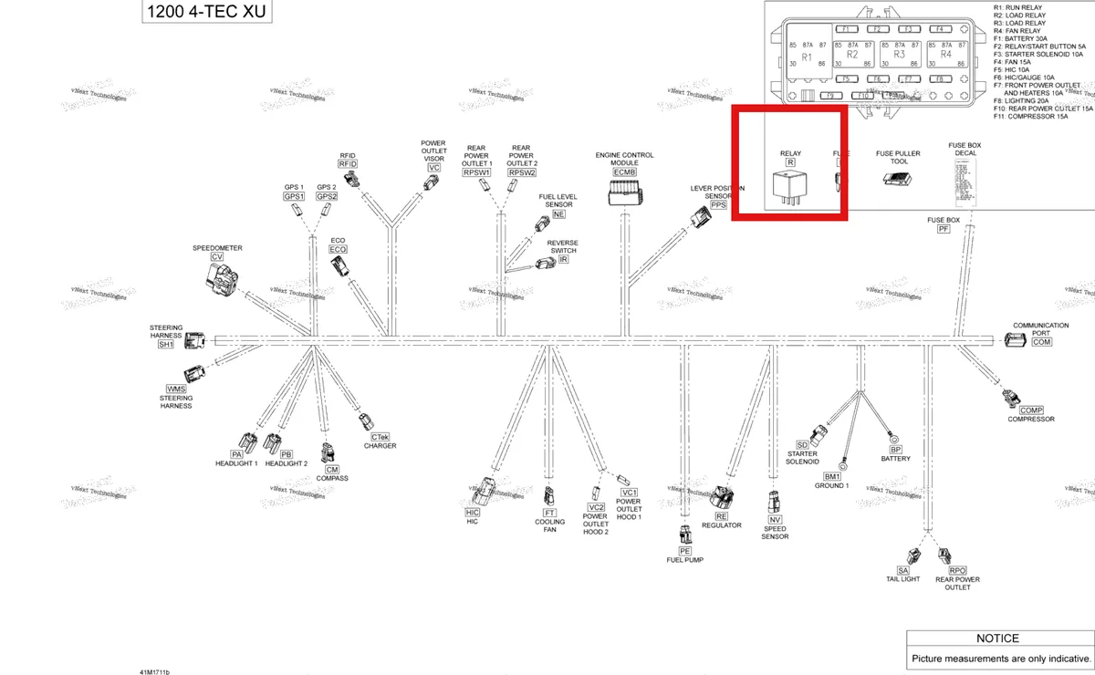 Деталь 515176775 (Деталь Relay, 50 Amp) на схеме узла 2019 Ski-Doo EXPEDITION LE-SE 1200 4-TEC Electrical Harness - 1200 4-Tec