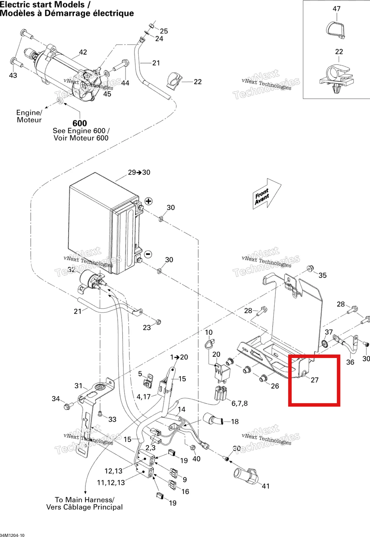 Деталь 515176886 (Деталь Battery Support Ass'y. With Electric Starter) на схеме узла 2012 Ski-Doo MXZ TNT & Sport 600 XP Battery And Starter