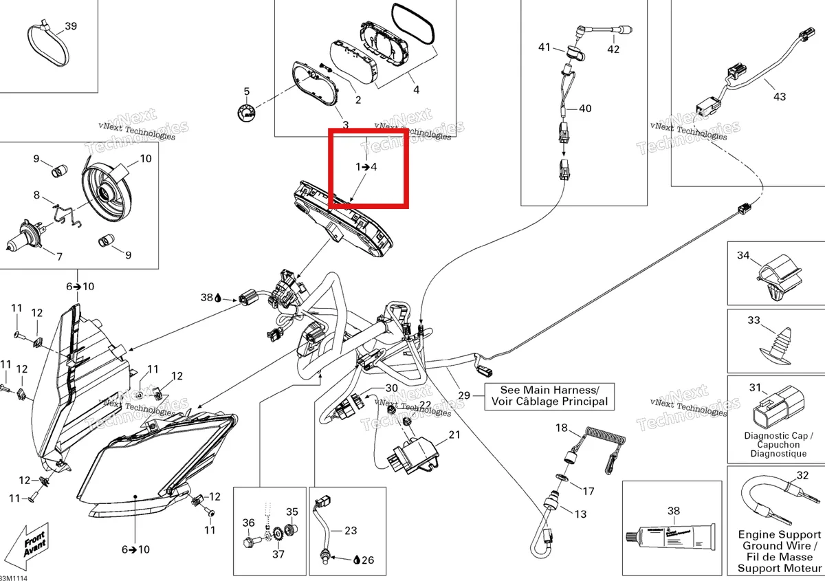 Деталь 515176956 (Спидометр (вкл.1-4)) на схеме узла 2011 Ski-Doo Grand Touring Sport 600 XP Electrical System