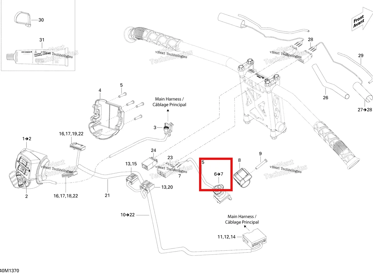 Деталь 515176988 (Деталь Kill Switch. Includes 9 To 10) на схеме узла 2013 Ski-Doo EXPEDITION LE 600HOE, REV XU Steering Wiring Harness