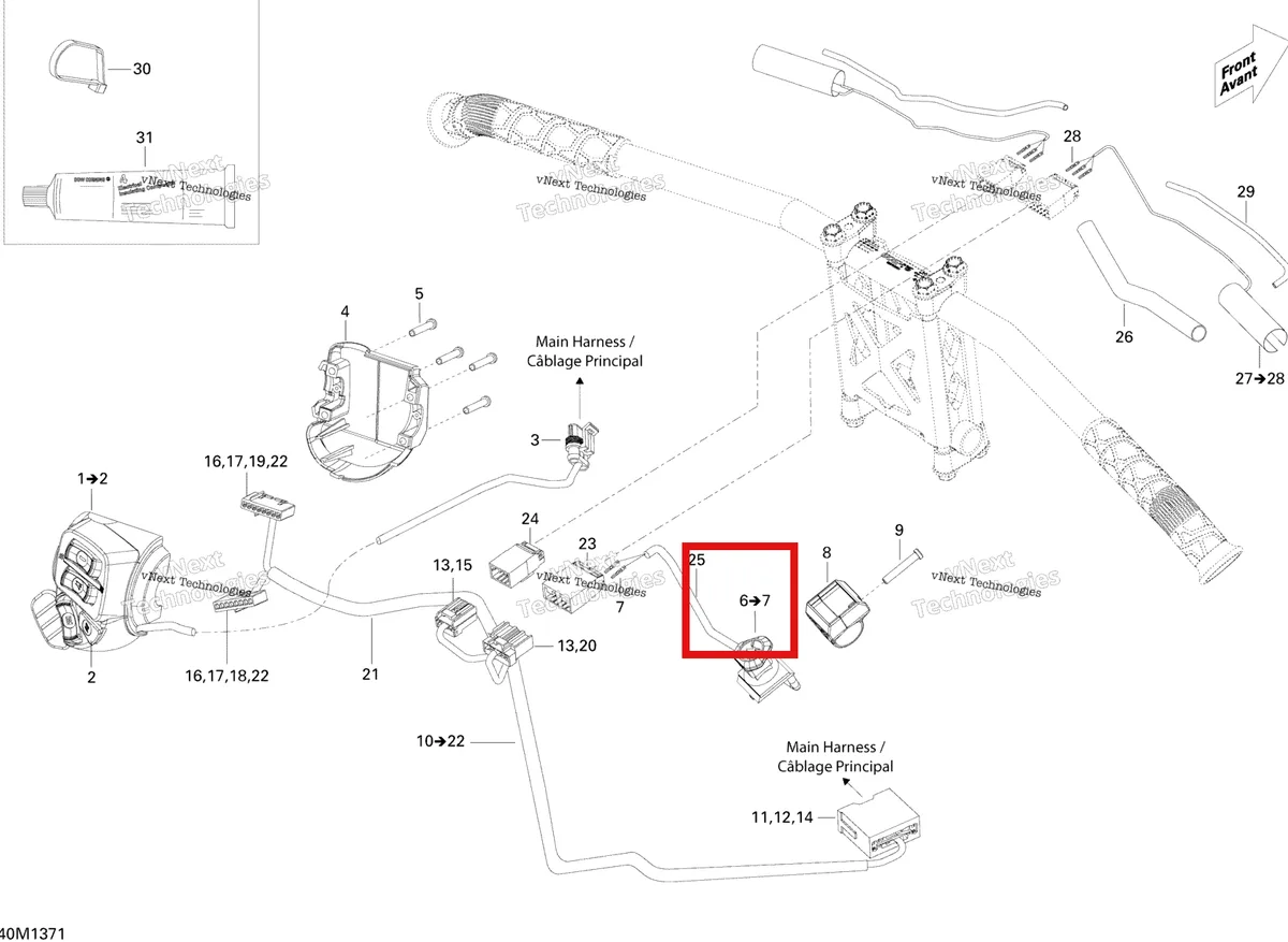 Деталь 515177061 (Деталь Kill Switch. Includes 9 To 10) на схеме узла 2013 Ski-Doo EXPEDITION LE 1200 XU Steering Wiring Harness