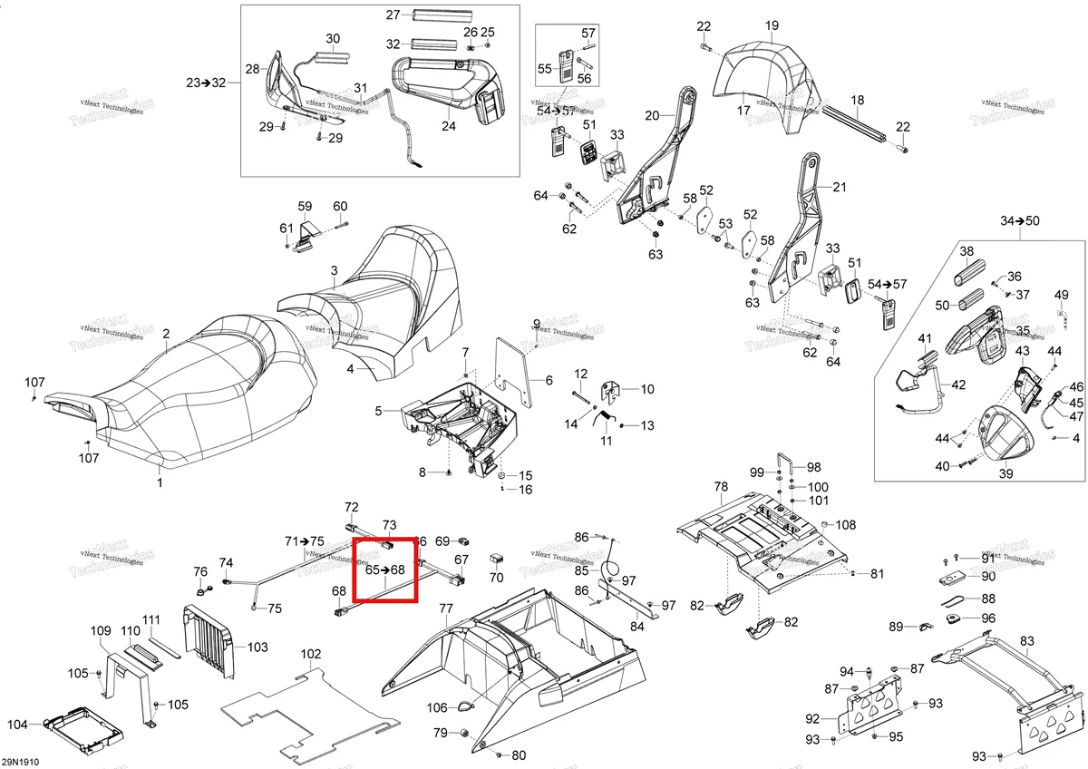 Деталь 515177209 (Деталь Seat Harness. Includes 65 To 68) на схеме узла 2019 Ski-Doo EXPEDITION LE-SE 600HO E-TEC Seat - 600Ho E-Tec