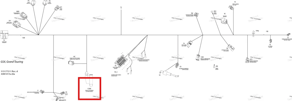 Деталь 515177481 на схеме узла 2014 Ski-Doo GSX SE 12004TEC XR Electrical Harness Main Harness