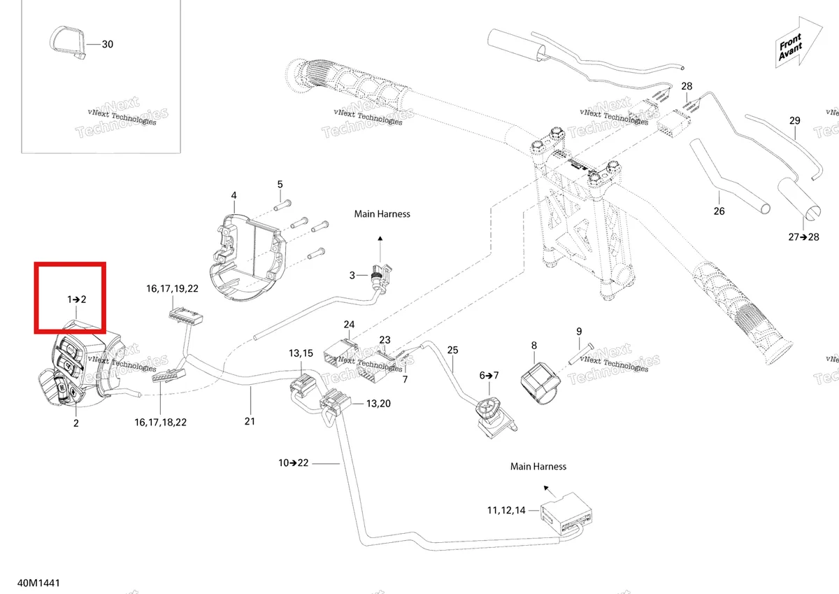 Деталь 515177509 (Деталь Lh Switch Housing. Includes 1 To 2) на схеме узла 2014 Ski-Doo EXPEDITION LE 1200 XU Steering Wiring Harness