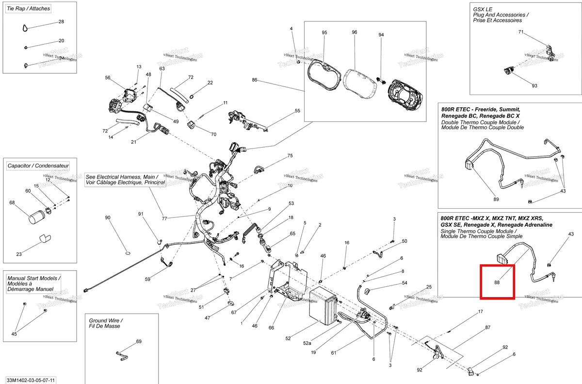 Деталь 515177601 (Деталь Single Thermocouple Module) на схеме узла 2014 Ski-Doo RENEGADE X 800RETEC XS Electrical System 800Retec