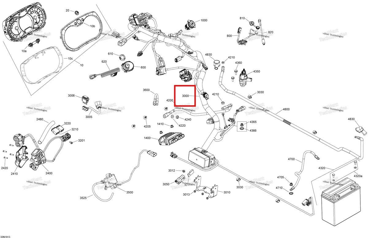 Деталь 515178124 (Деталь Main Harness. Includes 1 To Vms) на схеме узла 2019 Ski-Doo EXPEDITION LE-SE 1200 4-TEC Electrical - 1200 4-Tec